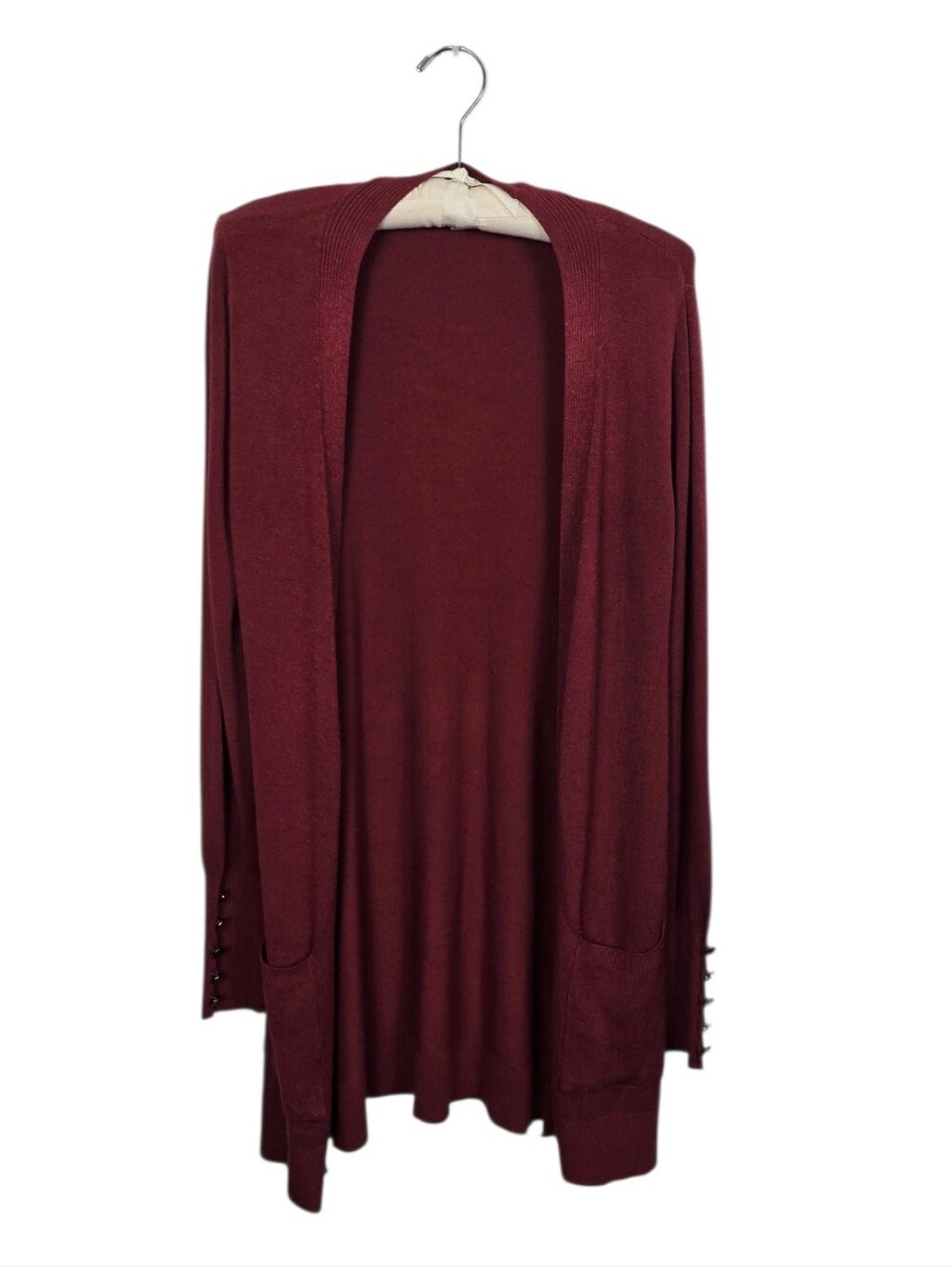 Beceel Open Front Button Cuff Long Cardigan Burgundy Small